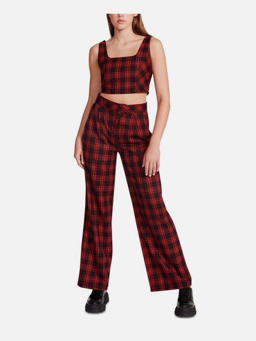 Steve Madden Red and Black Plaid Wide Leg Jumpsuit